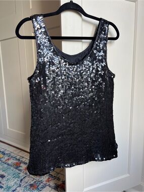 Laurence kazar Vintage 100% Pure Silk Black Sequin Embellished Tank Top